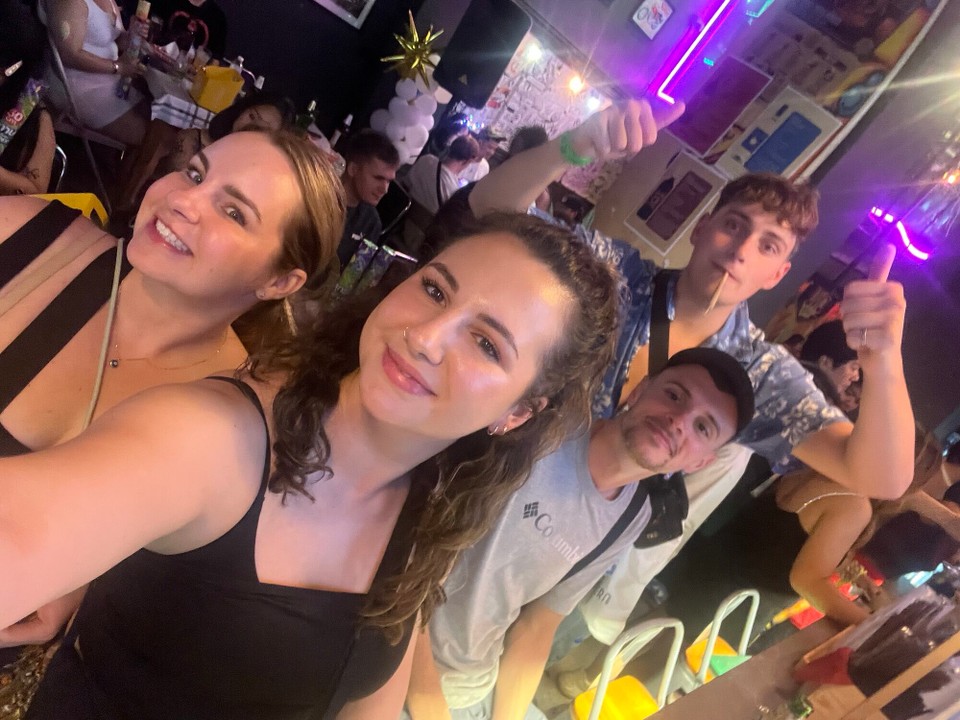 Thailand - Bangkok - After the boxing we met Tom & Dylan and got a Tuk Tuk back to Mad Monkey where we met Liam & Adele from earlier. We saw the new year in with T & D in a bar next to Khao San Road and then Tom and I went on the a street rave. Had my first gin since being out here! 