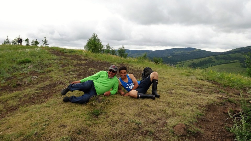 Mongolia - Murun - Messing around at the top of the Volcano whilst waiting for others - Jagga and Taivna