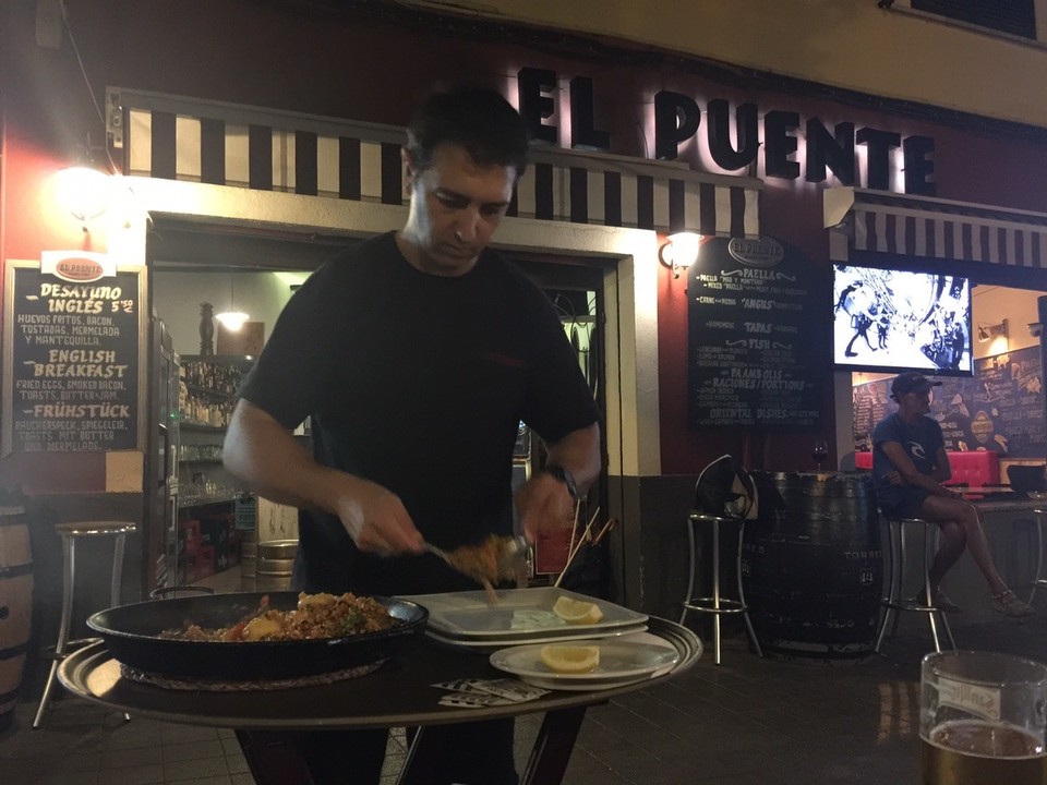  - Spain, Palma de Mallorca - El Puente Restaurant, Palma, Majorca. Paella, Sangria and San Miguel Beer. Paella cooked and served at our table. 