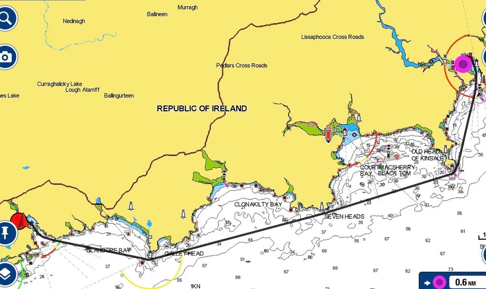 Ireland - Union Hall - Although the route shows us coming inside Doolic and Sunk Rocks, as we were further out we came outside as this gave us a smoother sail. Distance from Kinsale to Union Hall 31 nautical miles. 