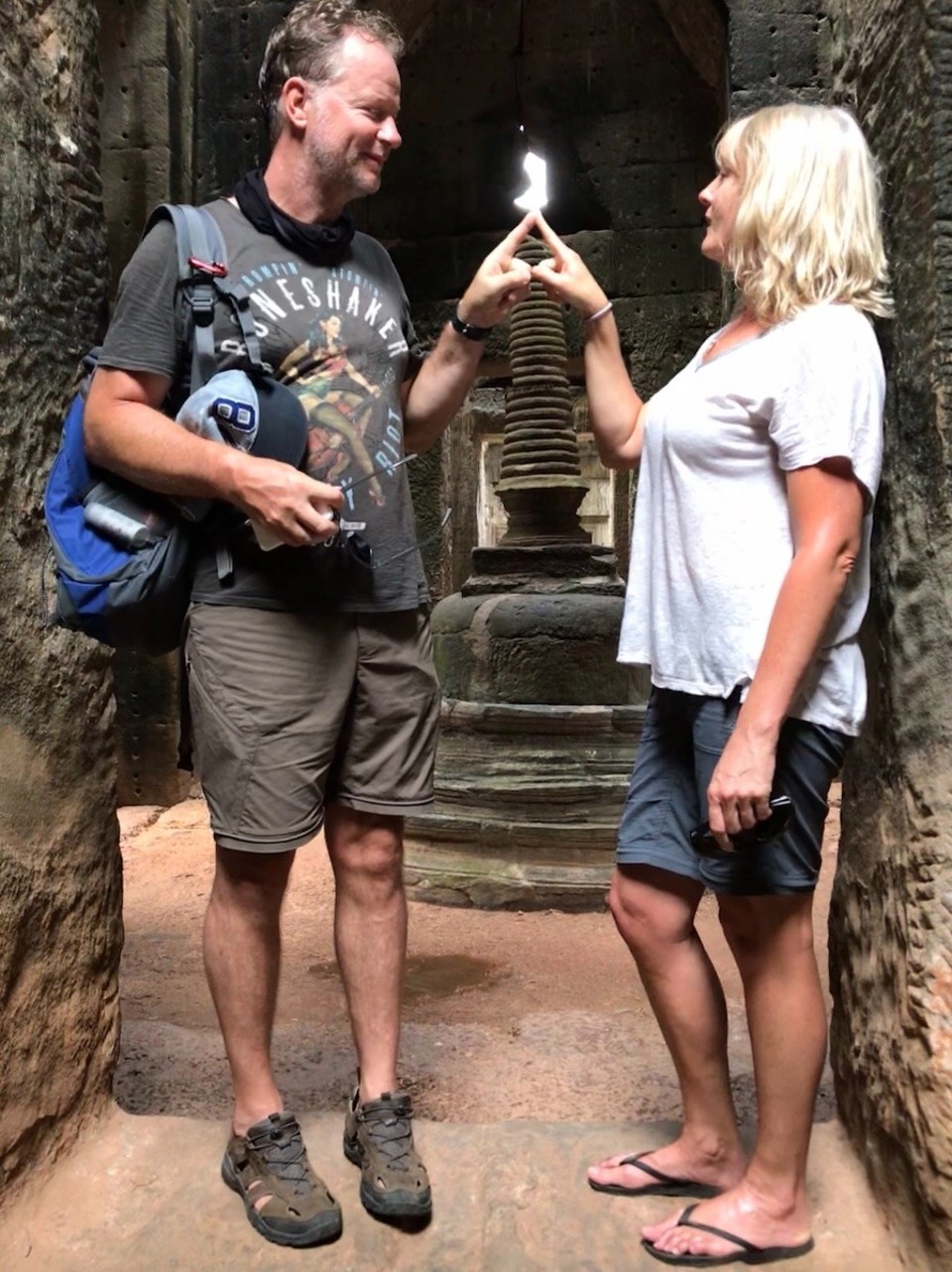 Cambodia - Siem Reap - Getting our cheese on... a friendly guard told us where to stand and took our pic 