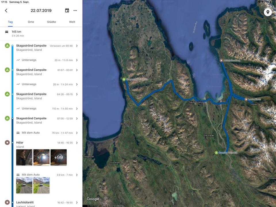 Island - Varmahlíð - Das war unser heutiger Tag: vom Campingplatz Skagaströnd aus ging es nach Hólar, dann hoch nach Hofsós und dann weiter zum Campingplatz nach Varmahlíð. Insgesamt nur 145 gemütliche Kilometer.🥰👍