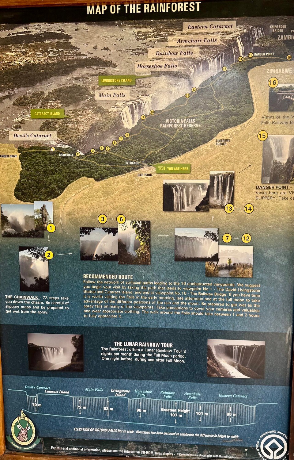 Simbabwe -  - Simbabwe wir kommen, nach dem Visum für den Grenzübertritt sind es noch 70 km.
Die Victoriafälle sind ein breiter Wasserfall des Sambesi zwischen den Grenzstädten Victoria Falls in Simbabwe und Livingstone in Sambia. Seit 1989 gehören die Fälle zum Weltnaturerbe der UNESCO.