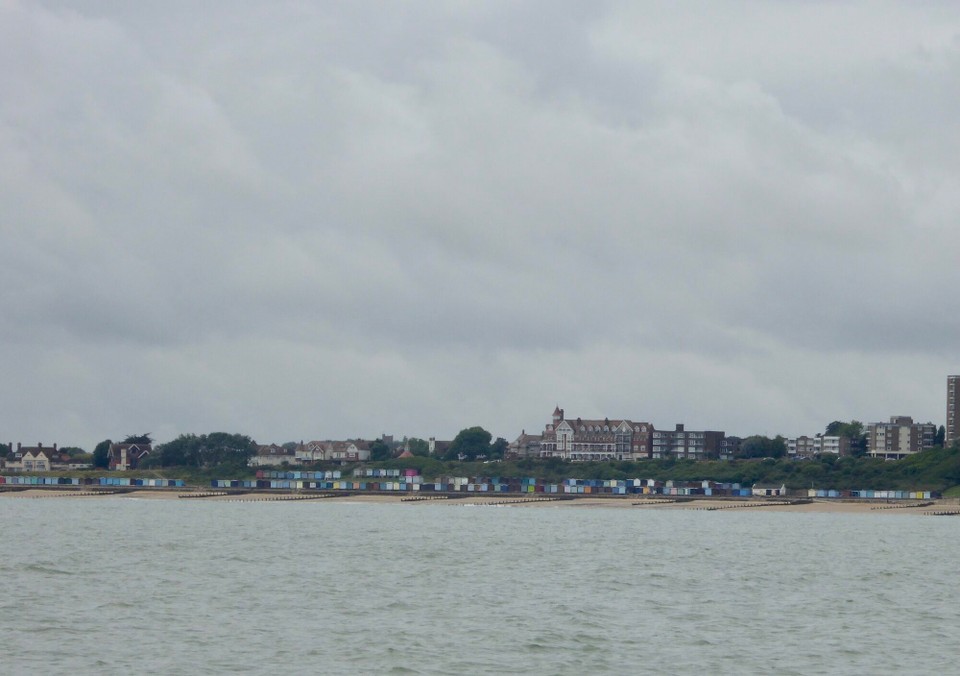 United Kingdom - Chelmsford - The old Grand Hotel, with our line of ‘Grand’ beach huts, and the clock tower on the Greensward behind.