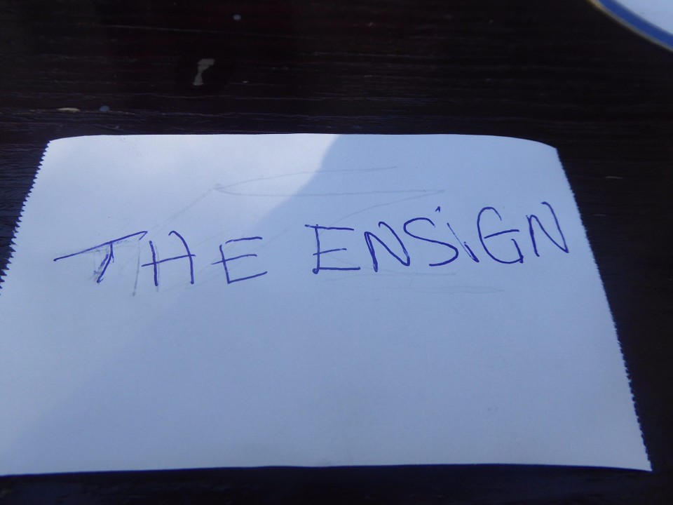 Ireland - Monkstown - We sat outside The Ensign, and when Kevin went in to ask for the Wi-Fi password, the barmaid decided it was too complicated to explain, so wrote it down. This made us giggle; how did she guess Kevin is not a techy?