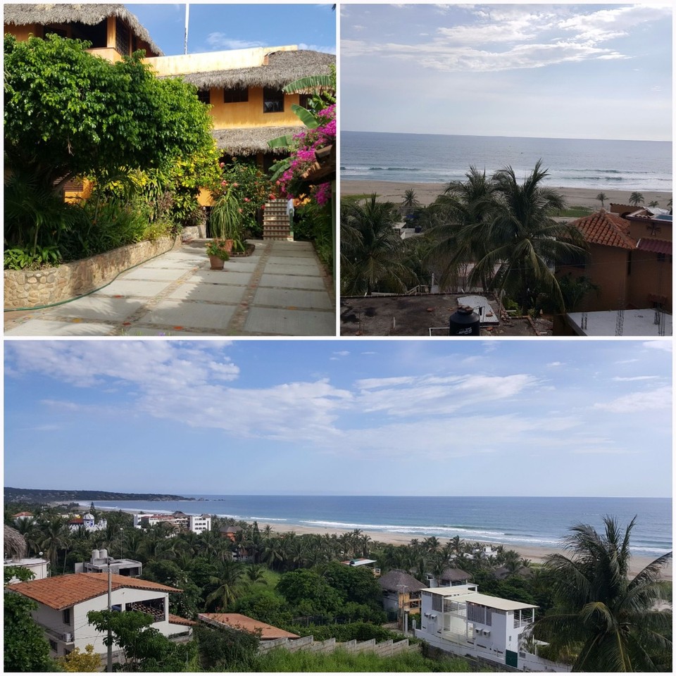 Mexiko - Brisas de Zicatela - Belohnt wurden wir dafür in Dan's Hostel mit diesem schönen Ausblick. Obwohl wir keine Sufer sind, landeten wir, wie auch letztes Jahr in Süd Afrika, in dem Mekka für Brettsportliebhaber schlechthin. Die Wellen sind hier echt gigantisch groß. Mal sehen ob wir uns nochmal auf's Board schmeißen. 