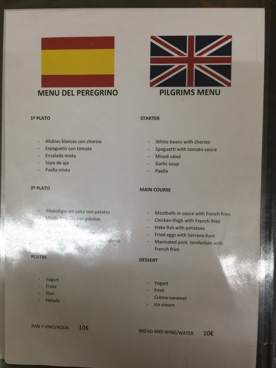 Spain - Belorado - Peregrino Dinner Menu