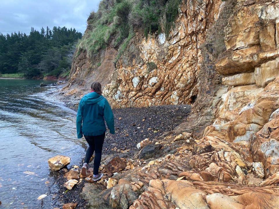 Neuseeland - Duvauchelle - Wir haben Glück der Rückweg ist noch möglich. Die Flut verschluckt den Weg um die Felsen und trennt die kleinen Inseln voneinander 🙈