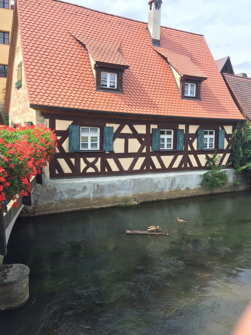 Germany - Henfenfeld - Fachwerk house and ducks. River Pegnitz. 