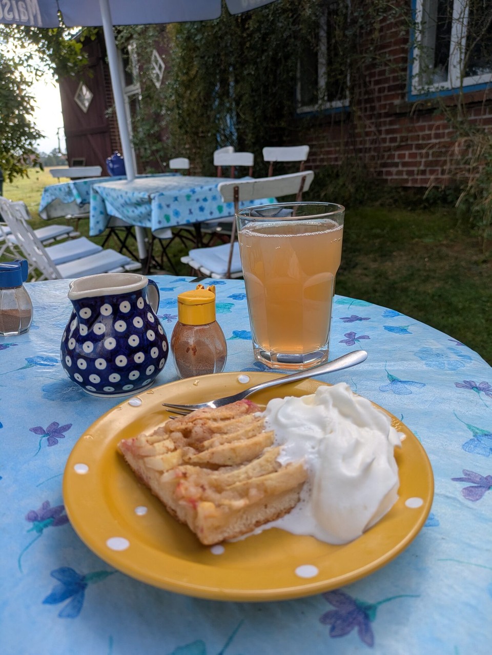 Deutschland - Lenzen (Elbe) - Aber so viel Zeit muss sein: das einzige Café weit und breit hatte wunderbaren Apfelkuchen und Strom für meinen Akku. Der schwächelt auf dieser Tour ein wenig, was mich etwas nervös macht. Aber Steckdosen findet man immer.