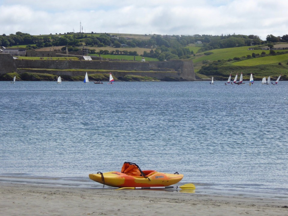 Ireland - Kinsale - Today the sun shone when we went to the beach.  Not sure it made the water any warmer, but we did stay in longer, and sat in the sun watching the activities.  A group of children were being taught how to kayak, and there were families and dogs having fun.