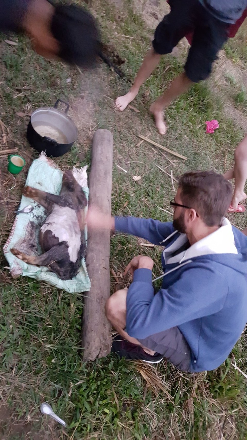 Thailand - Ban Luang - Am zweiten Abend hat Marius der alte Veganer uns das Essen fertig gemacht. Doch zunächst muss das Jungschwein (3 Monate) enthaart werden. Dazu wurde es mit heißem Wasser übergossen, und mit einem Löffel die Haare entfernt