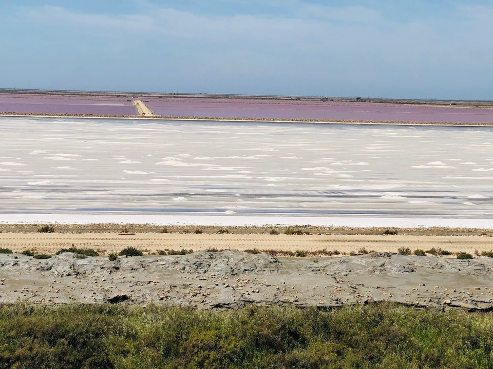 Frankreich - Saintes-Maries-de-la-Mer - Vorne auf dem Bild sieht man das Salz. Weiter hinten die pink/violetten Teiche.