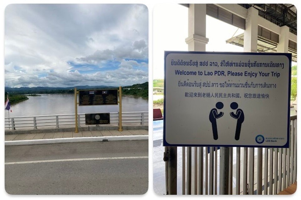 Laos - Huoixai - Über die Brücke darf man leider nicht zu Fuß, aber das Schild hab ich trotzdem erwischt 😅 zur Begrüßung verbeugen wir uns - sabadi (Hallo)