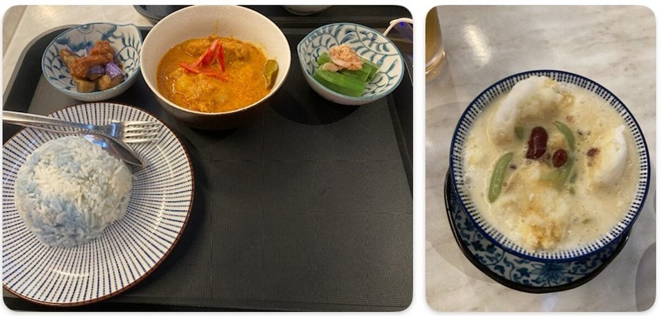 Singapur - Singapur - Jeder stellt sich selbst sein Gericht zusammen: Links Hauptgericht Ayam Kleo, Sambal Ladies Finger, Sambal Eggplant (Jasminreis, gekochte Aubergine, Hühnchen in Kokossoße, Ladyfinger), rechts Dessert Chendol (Kokosmilch, brauner Zucker, Eis, rote Bohnen und grüne Gummifäden)