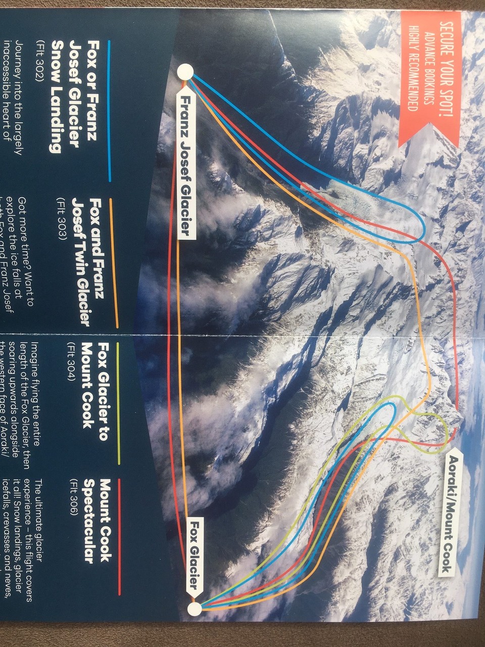 Neuseeland - Fox Glacier - Ursprünglich wollten wir die grüne Linie um den Mount Cook fliegen. Wegen Wolken am Mount Cook konnten wir aber nur die blaue Linie fliegen.