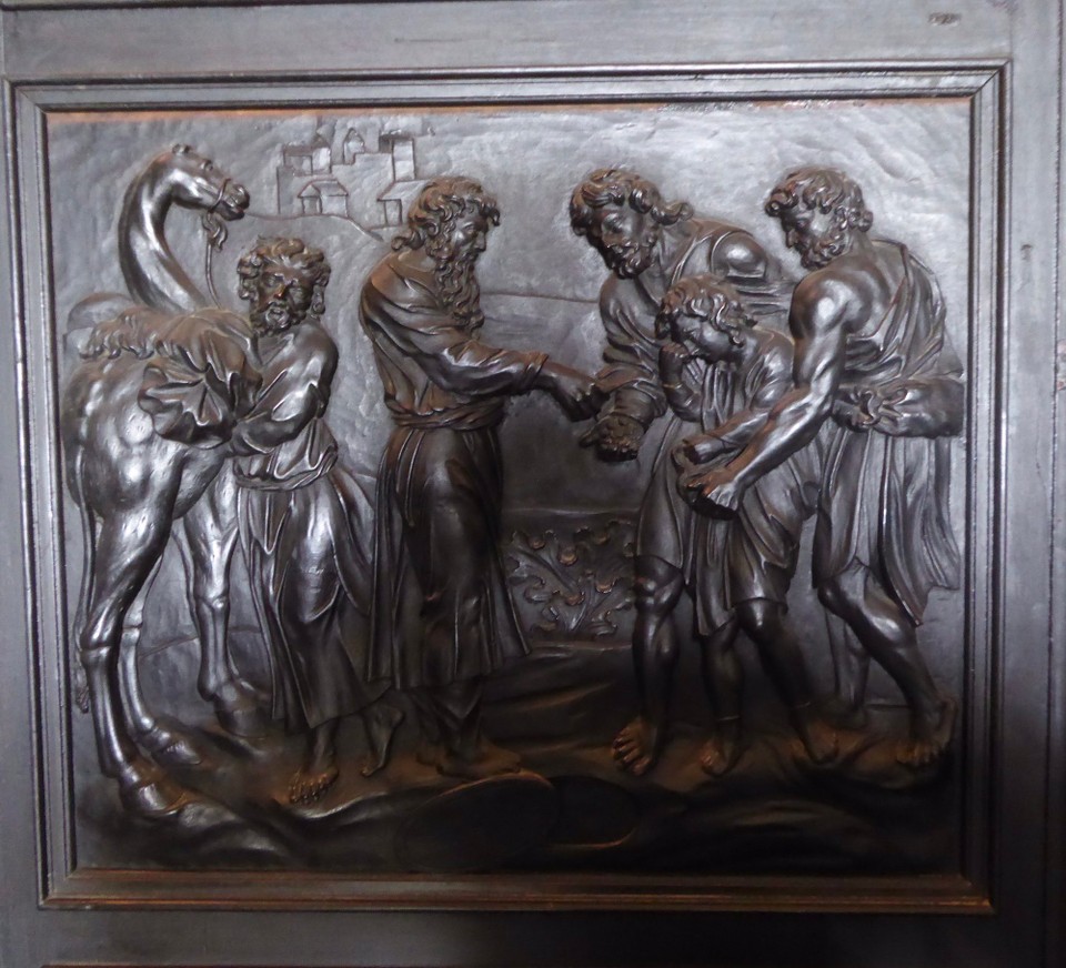 Ireland - Malahide - The oak room has panels dating from the 16th century depicting biblical scenes. Any suggestions for this one? We’re thinking the Good Samaritan.