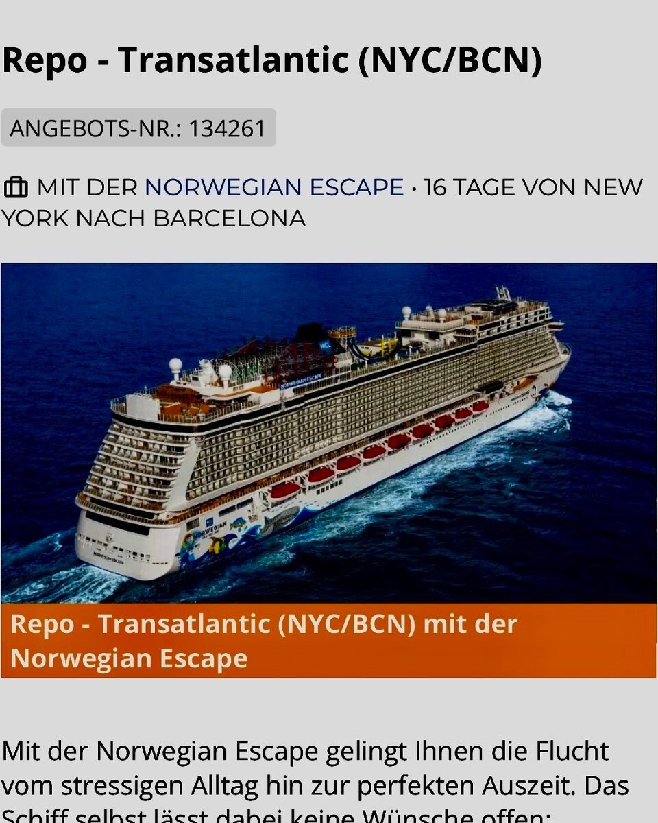Deutschland - Frankfurt am Main - Norwegian Escape ab New York bis Barcelona 
Transatlantik Tour