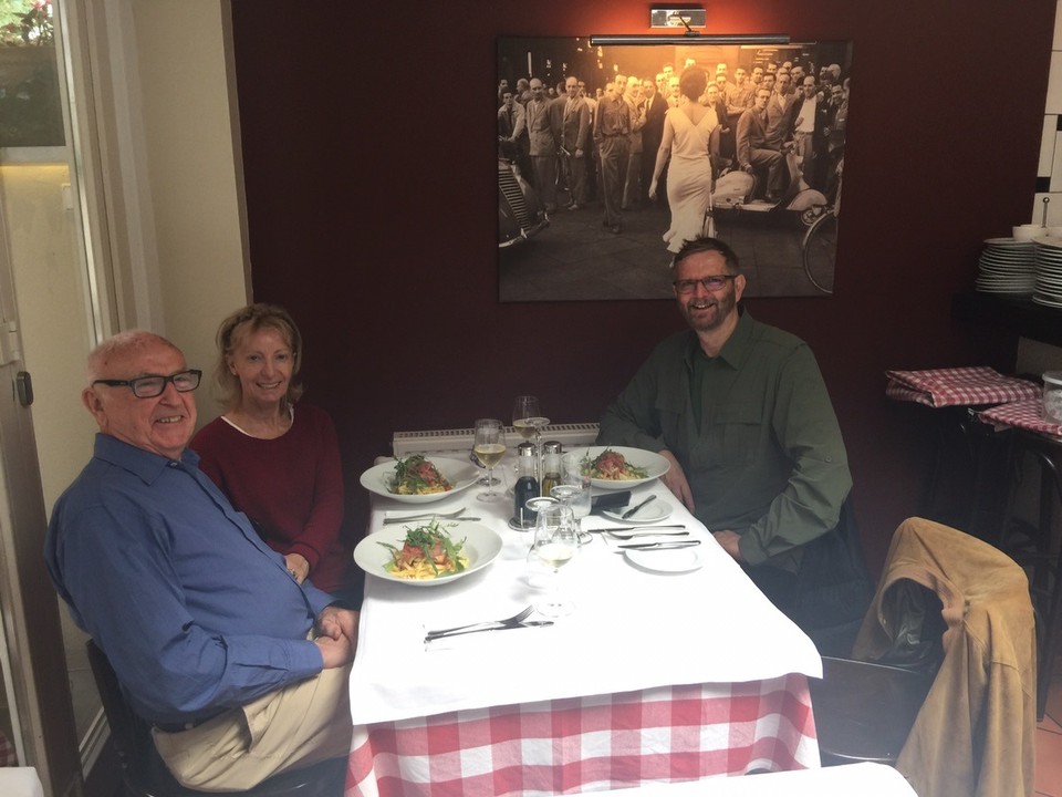 Germany - Bremen - Lunch at La Bottega Italiana. In Season Pfifferlinge mushrooms with pasta. Horst's favourite restaurant. Owned by Rudolfo and Piña, son Luca is one of the chef's. 