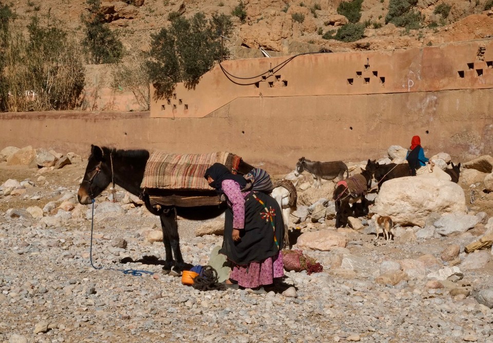 Marokko - Ouarzazate - Die Nomaden kommen aus den Bergen herunter in die Schlucht, um ihre Wäsche zu waschen und die Esel zu tränken.