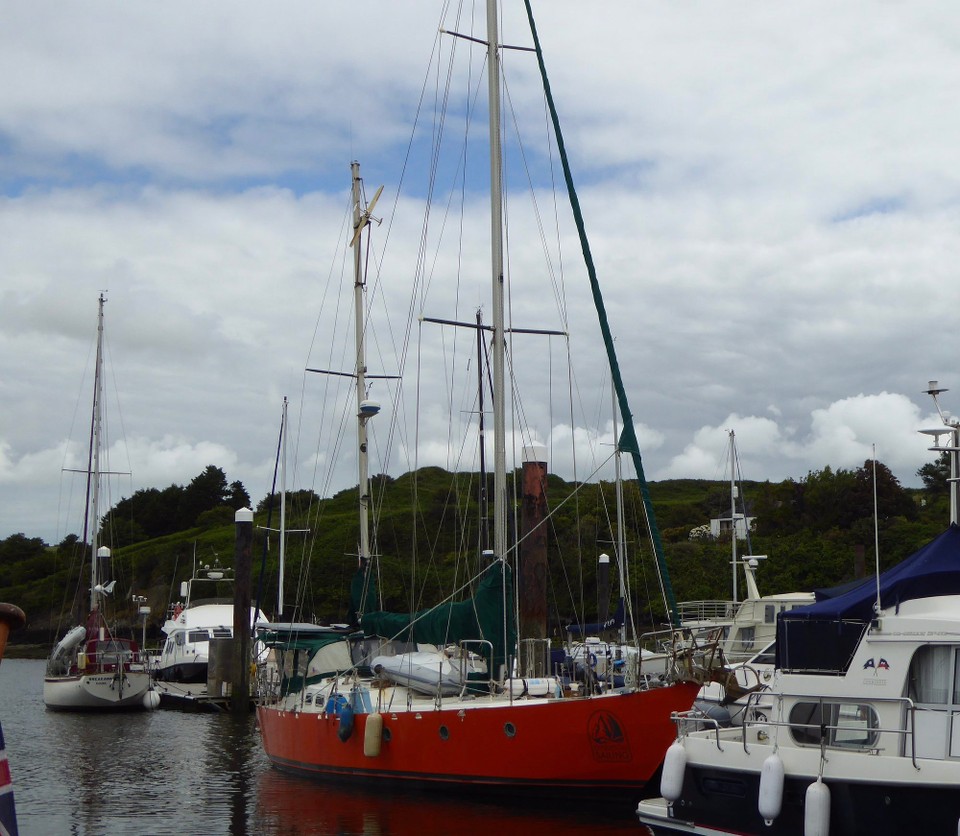 Ireland - Kinsale - As it’s narrow, we fendered on the port side too. I was dismayed when one dropped and I wasn’t quick enough grabbing our boat hook; it was a long walk to the yacht berthed upstream opposite. Happily just in time; the owner, Mike, managed to hook the fender as it floated by before it was lost at sea.