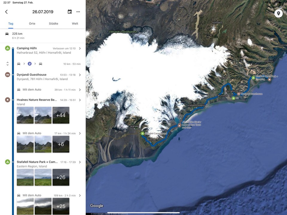Island - Sveitarfélagið Hornafjörður - Und das war heute unsere Strecke. Trotz des langen Abstechers zum Eystrahorn zurück, waren es heute nur 225 km. Ein schöner Tag an dem wir viel Zeit in Islands toller Natur verbracht haben.