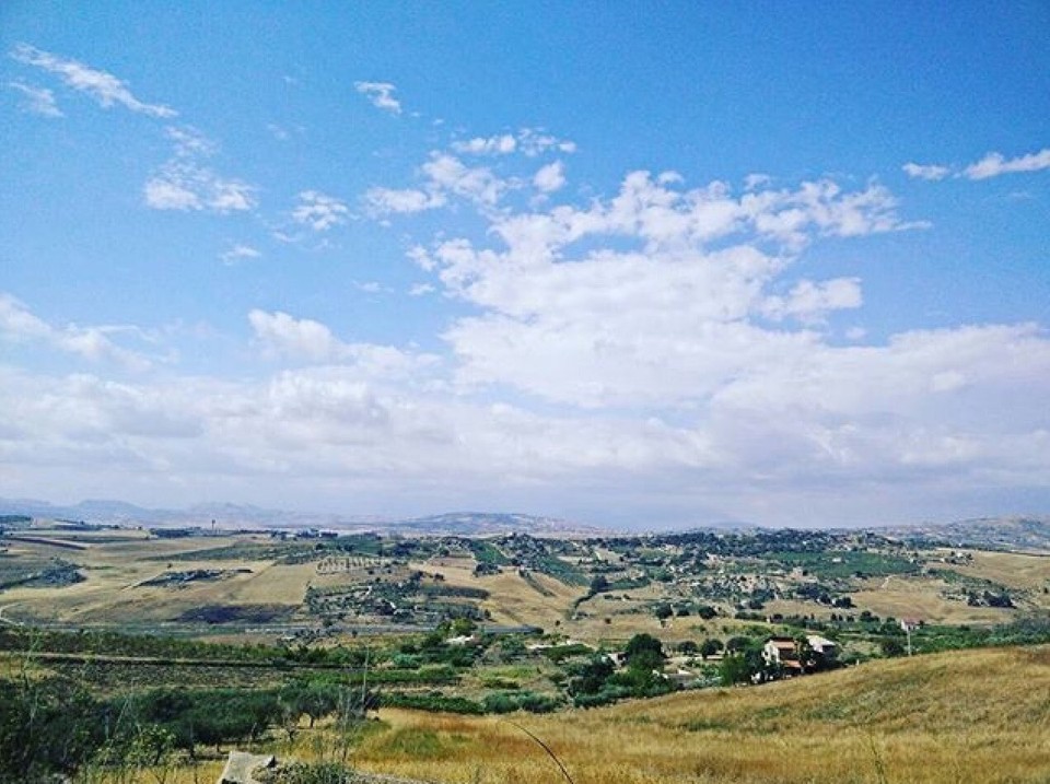 Italia - Palazzolo Acreide - Vicino Favara, il navigatore decide di farmi prendere una strada sterrata per dieci chilometri. Il paesaggio é in toni di giallo, con poche macchie verdi qua e là.