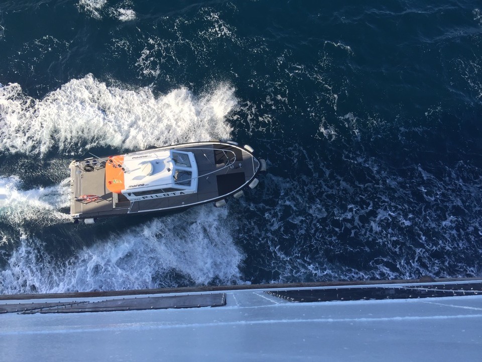  - Italy, Oblia, Sardinia - Pilot boat. Pilot on board guiding us out of the harbour. 