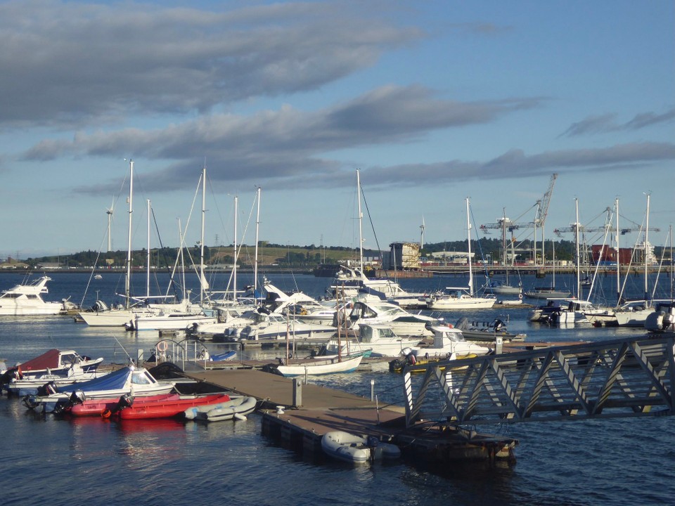 Ireland - Monkstown - Looking back at Avalon on her pontoon as we walked into town.