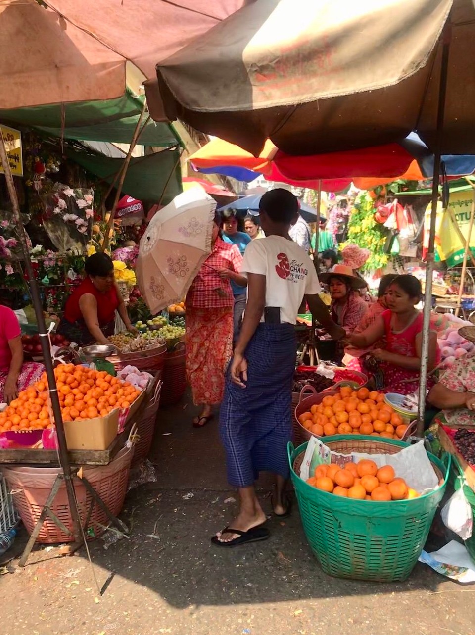 Myanmar (Burma) - Yangon - Gatemarked.
Alle går rundt med paraplyer for å beskytte seg mot sola. 