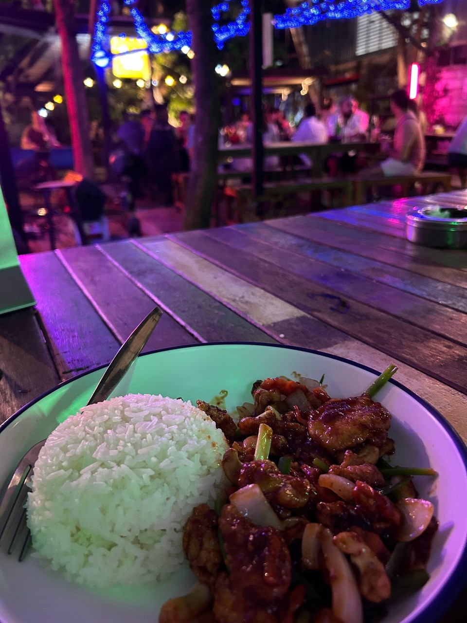 Thailand - Bangkok - Hungrig waren wir nach unserem anstrengenden Fotoshooting auf dem Skywalk. Und suchten auf Google irgendein Lokal, dass um 23 Uhr für uns noch kochen würde. Im Hinterhof fanden wir ein Hostel mit Innenhof, es gab leckeres thailändisches Essen und Live Musik bei bester Atmosphäre 