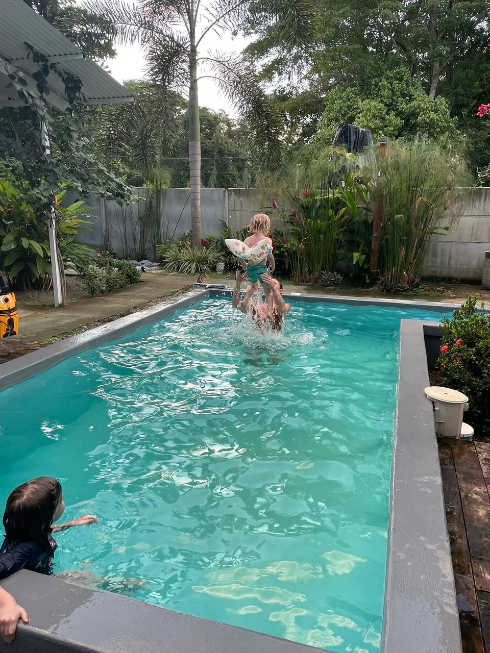 Costa Rica - Talamanca - Super Wassergewöhnung für Frieder, Minna springt und schwimmt nun völlig entspannt. 