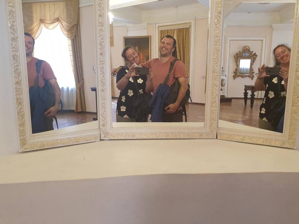 Belarus - Grodno - In the New Castle - Us trying to get all mirrors to reflect us