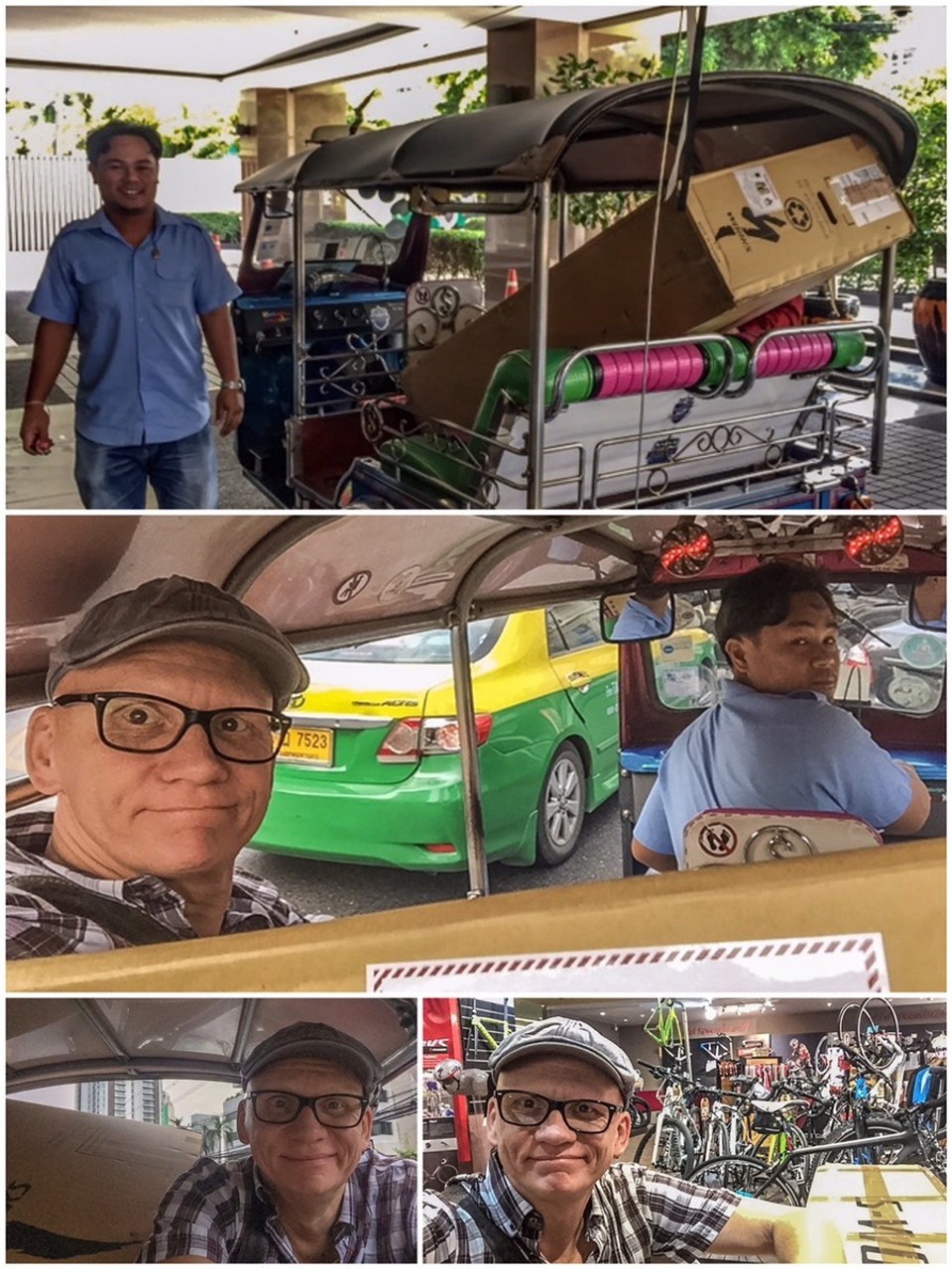  - Thailand, Bangkok - Wer löst jetzt das Fahrradpuzzle im Karton? Das um zwei Ecken gelegene  Fahrradgeschäft.
Den kleinen Taxis war das Paket zu groß, den großen Taxis, die man extra bestellen muss, war die Strecke zu kurz. 
Tuk Tuk heißt die Lösung aller Probleme. Diese hauptsächlich der Touristenabzocke dienenden Höllenmaschinen auf drei Rädern sind tatsächlich zu etwas gut.
