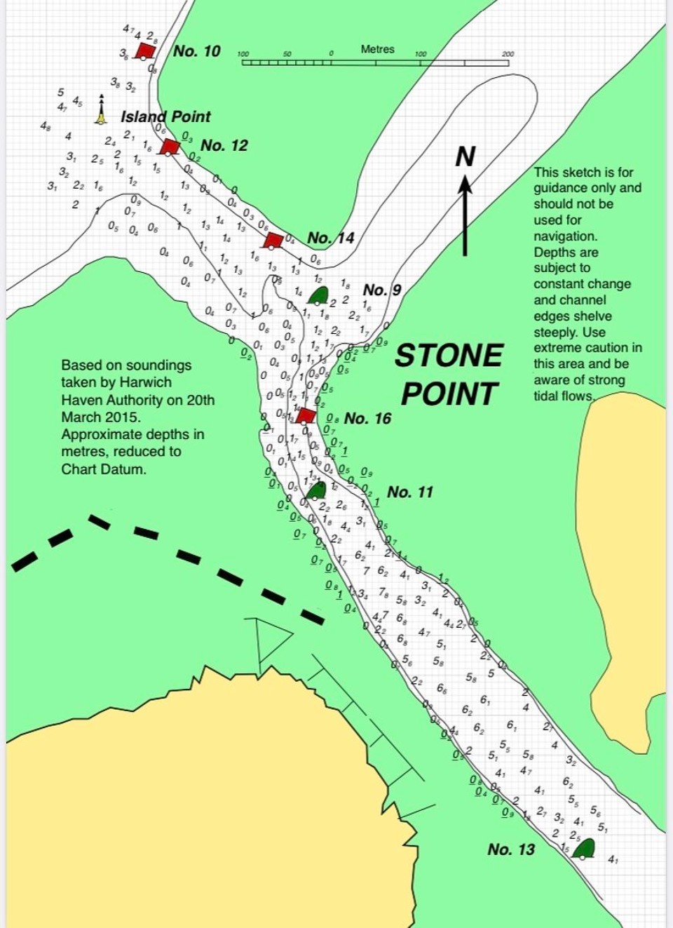United Kingdom - Walton On The Naze - This chart shows the channel into Hamford Water in 2015. The channel is maintained and changes slightly every year, mainly because sand and shingle, which has been used to shore up sea defences and create beaches elsewhere, is washed up here by tides and storms.
