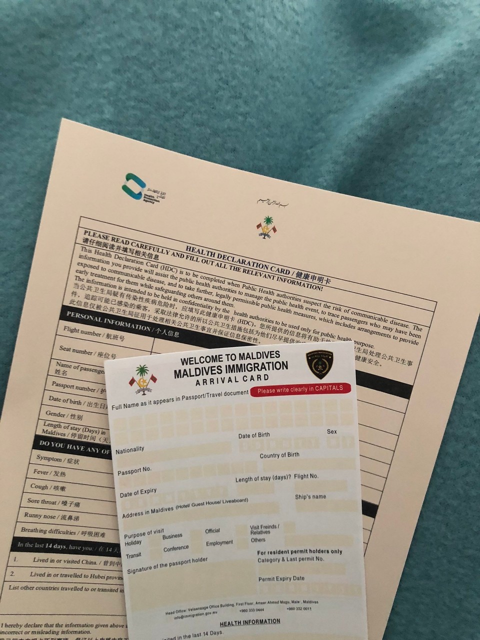 Maldives - Rangali - Damals im Flugzeug wieder auf die Malediven, damit die ja alle Dokumente beisammen haben, den kleineren Zettel bekommt man übrigens immer! 