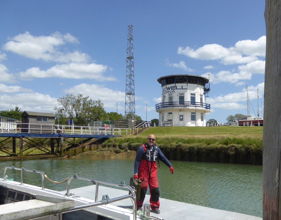 United Kingdom - Southminster - Having motored more than planned, an unscheduled stop for fuel at Bradwell Marina was needed. Hoping to tie up at the fuel pontoon, on entering the narrow entrance to the marina we realised getting down to, and then away from the short pontoon would be tricky, especially in the high winds.