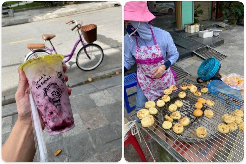 Vietnam - Hà Giang - Nach der sportlichen Einheit gönn ich mir ein Heidelbeer-Joghurt-Getränk und Bánh san (Kokosnussteilchen mit grüner Bohnenpaste als Füllung)