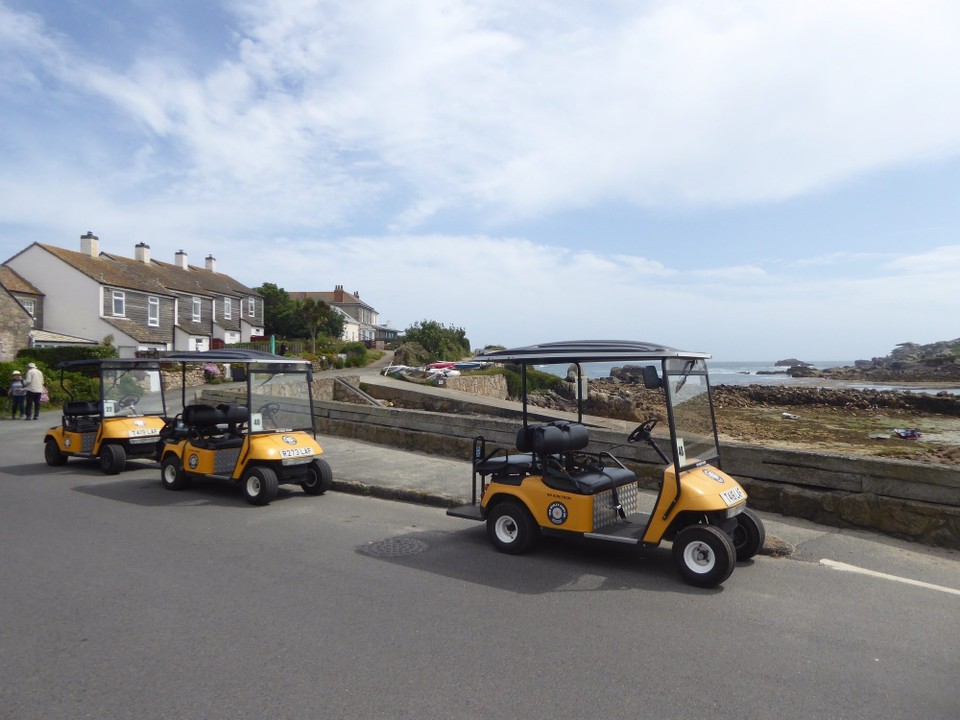 United Kingdom - Isles Of Scilly - A taxi rank? As well as cars these buggies are used for transport in the island, and are also rented out to tourists.