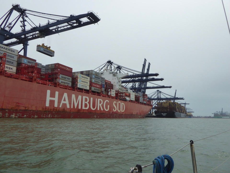 United Kingdom - Woodbridge - The Hamburg Sud group are now owned by Maersk, and the red livery is no longer used.
We refuelled and then spoke to the owner of Orca II before we left; Peter has asked the yard for a quote to repair the marks we left - trust us to damage the poshest boat in the marina!
